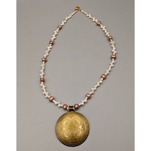 Freshwater Pearl & Heishi Beaded Necklace with Bronze Medallion Pendant 20"